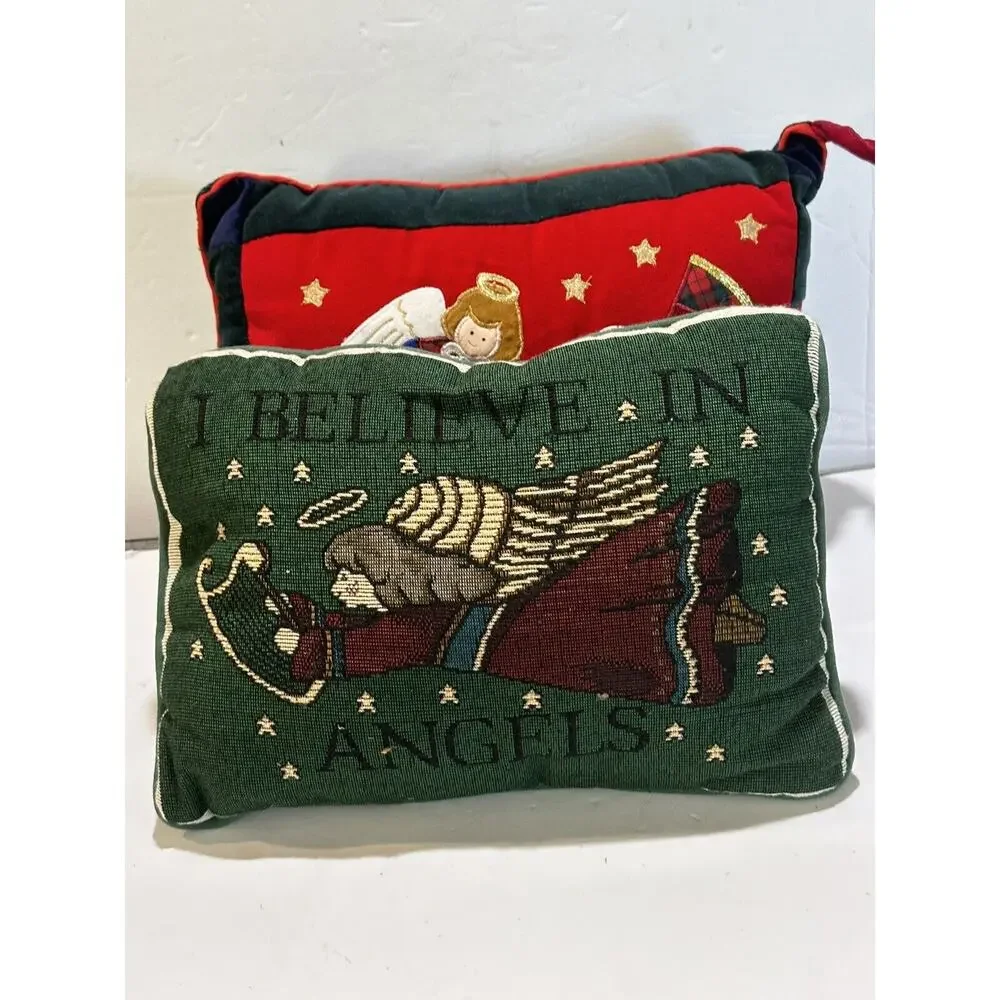 lot of 2 vintage christmas throw pillows red and green I believe in angel + noel